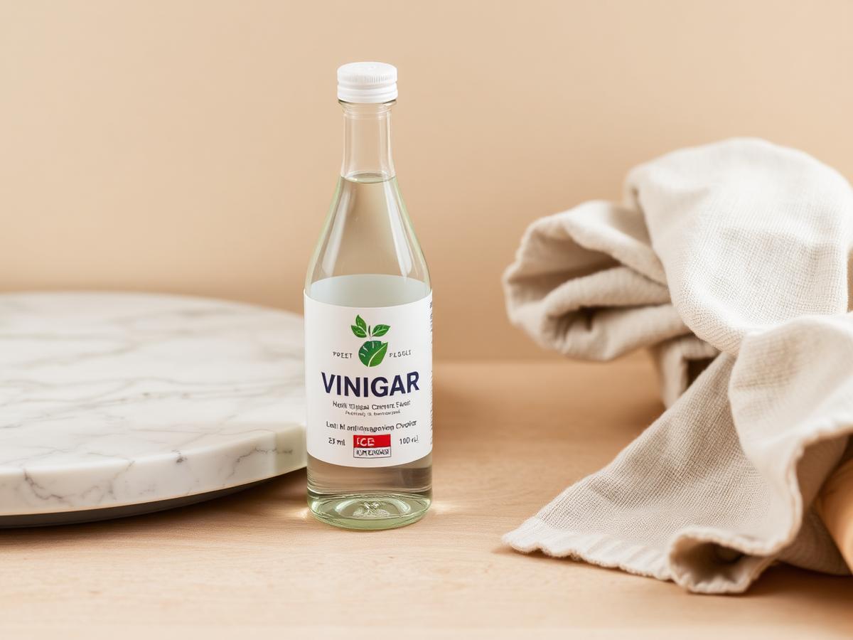 Fles schoonmaakazijn naast een marmeren blad en een houten plank