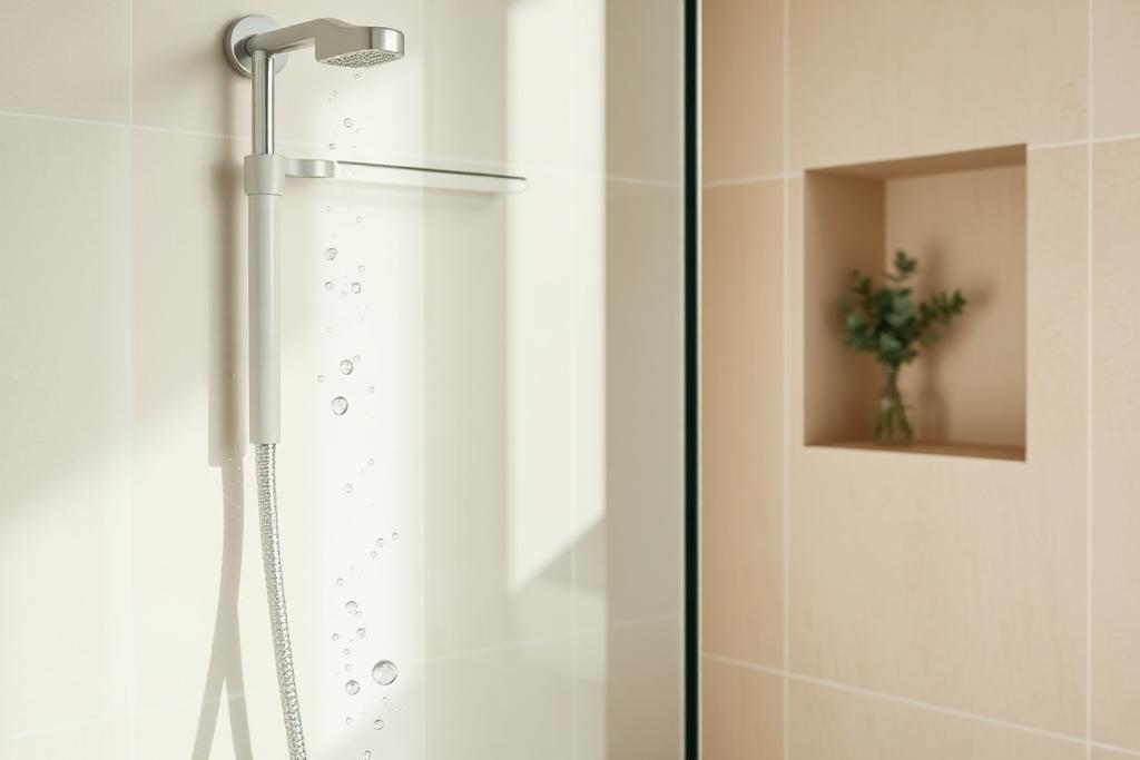 Douchewisser tegen een glazen douchewand met waterdruppels