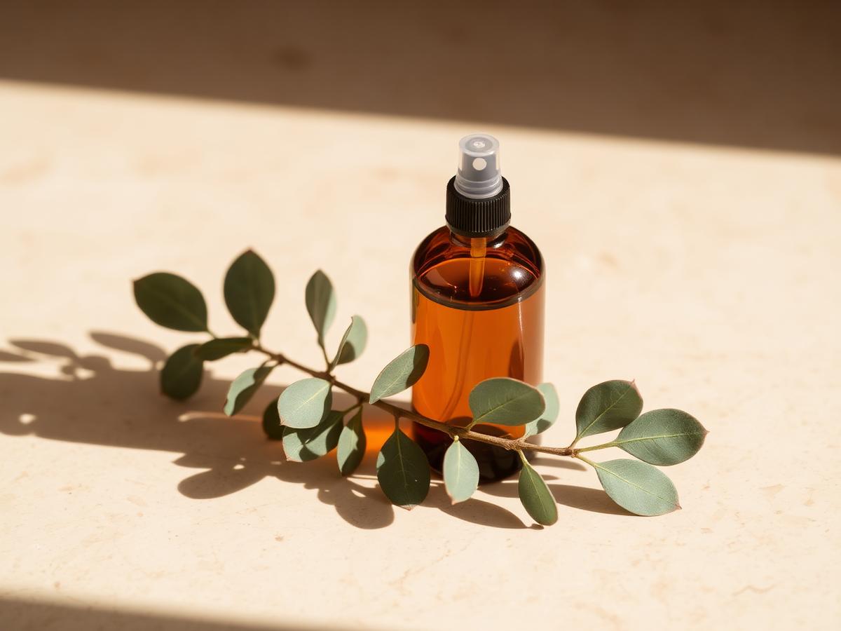 Amberkleurige sprayfles met eucalyptustakjes op een badkamerplank