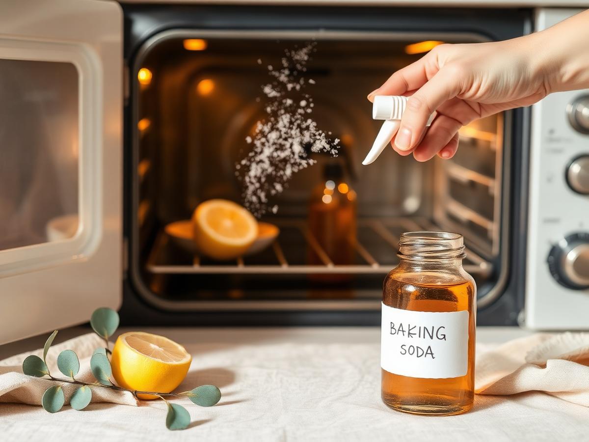 Hand strooit baking soda in een open oven met citroen en eucalyptus op de voorgrond