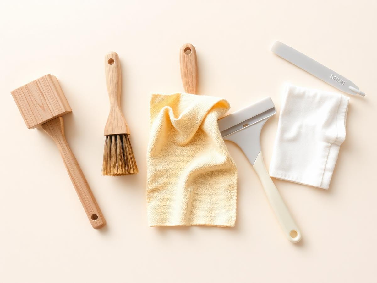 Microvezeldoeken, borstels en een douchewisser op een houten plank