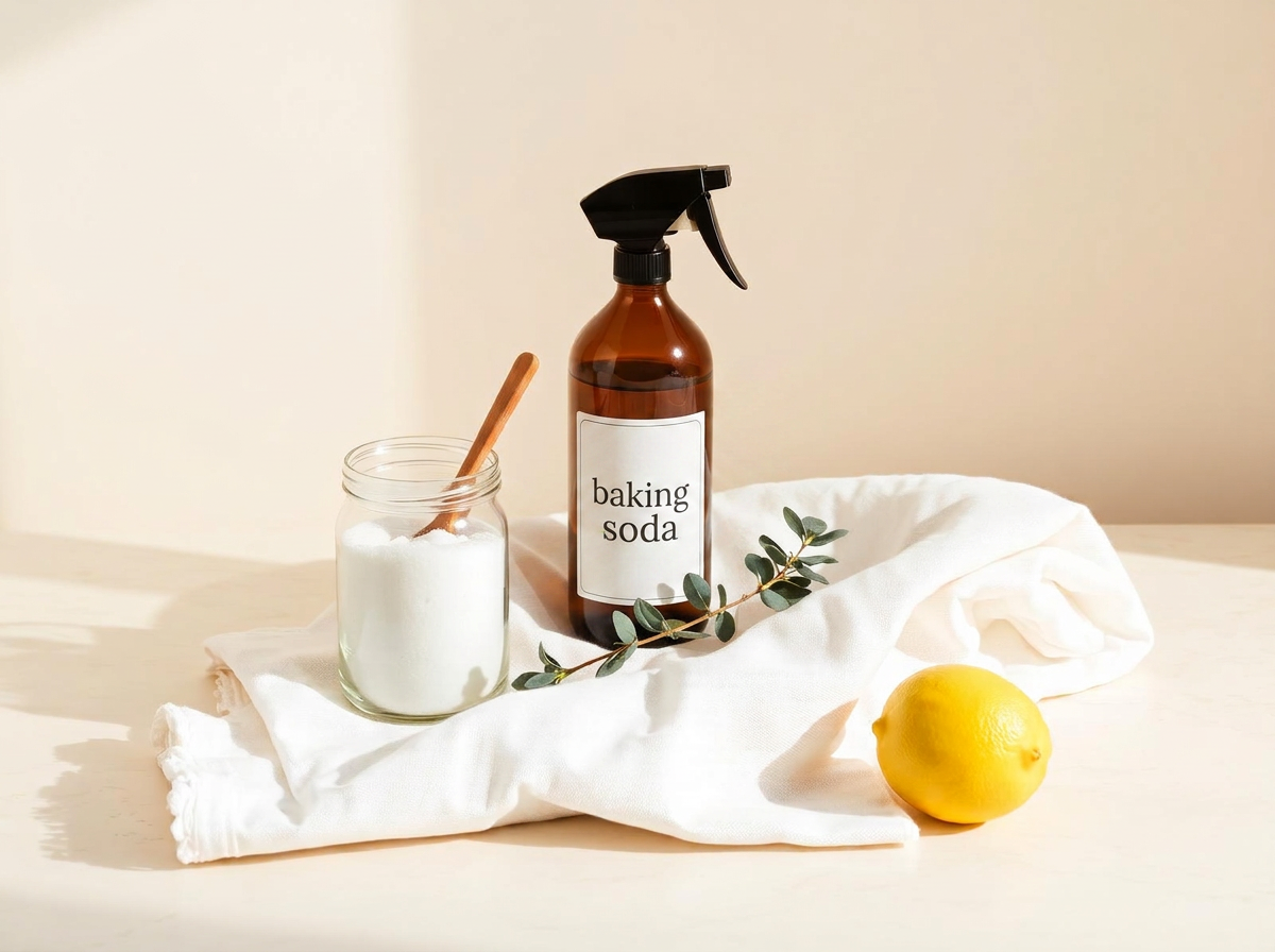 Minimalistische schoonmaakfoto met baking soda, amber sprayfles en citroen
